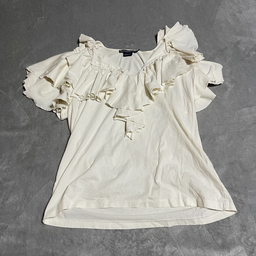 Y2K Ralph Lauren Sport Top‎ Womens XL Ivory Beige Ruffle V Neck Flutter